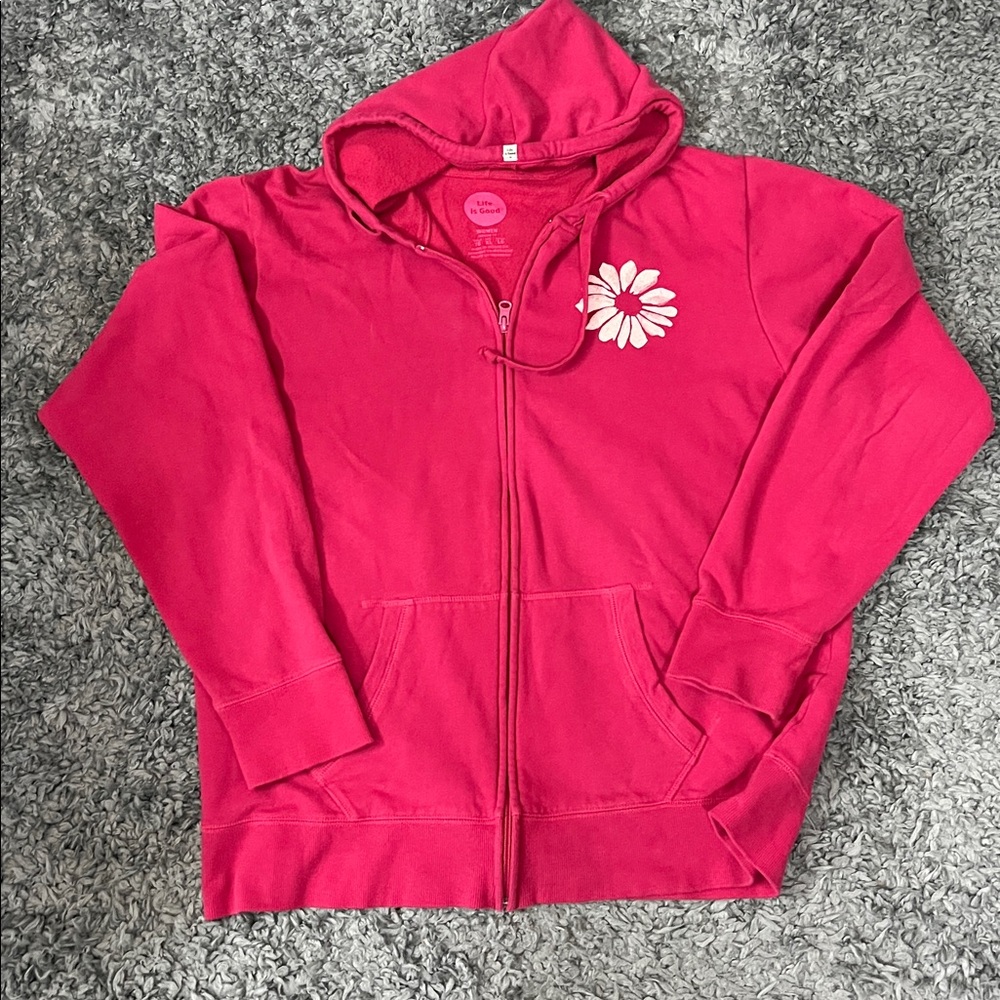 Life Is Good Fuchsia Hoodie with Floral Accent